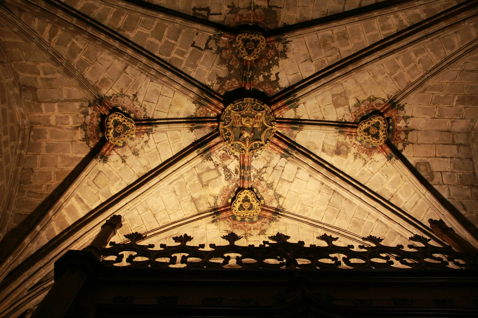 Carved and gilded vaulting of a Gothic ceiling