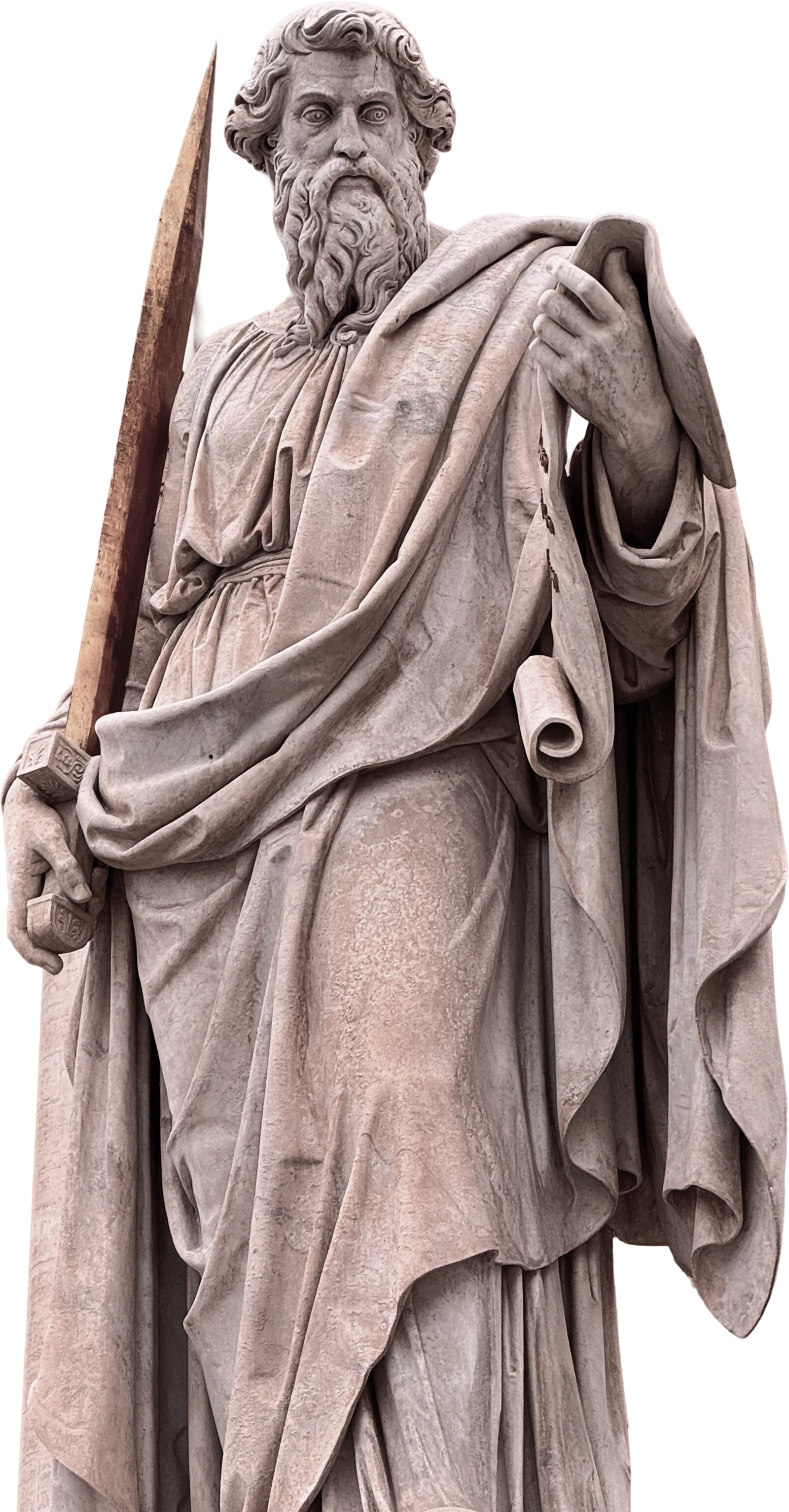 Statue of Saint Paul holding a sword, in front of St. Peter's Basilica